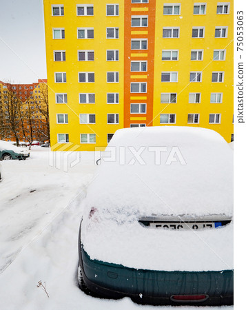 Street blocked by cover of fresh snow since night big snowstorm. Street blocked by cover of fresh snow since night big snowstorm. 75053063