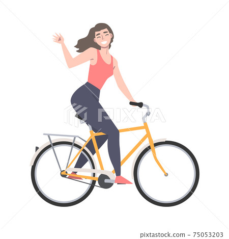 Joyous Woman Riding Bicycle and Waving Hand Enjoying Vacation or Weekend Activity Vector Illustration Joyous Woman Riding Bicycle and Waving Hand Enjoying Vacation or Weekend Activity Vector Illustration 75053203