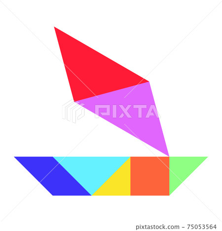 Color tangram puzzle in sailing boat shape on white background 75053564