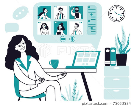 Online conference. Home office, video work call or webinar. Internet business, remote chat communication or education decent vector concept Online conference. Home office, video work call or webinar. Internet business, remote chat communication or education decent vector concept 75053584