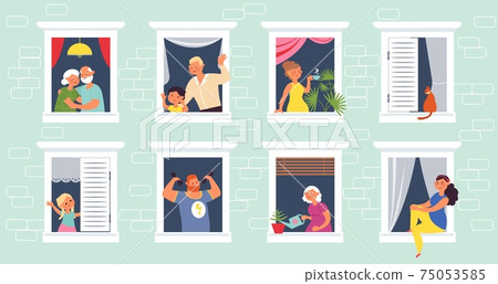 People in windows. Home open window, old person looking out from house. Apartment community, self safety time or lockdown decent vector concept People in windows. Home open window, old person looking out from house. Apartment community, self safety time or lockdown decent vector concept 75053585