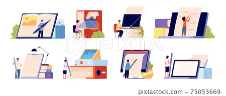 Authors concept. Blogger professional, book writers or cartoon copywriter. Creative literature poetry editing, genius imagination utter vector scenes Authors concept. Blogger professional, book writers or cartoon copywriter. Creative literature poetry editing, genius imagination utter vector scenes 75053669