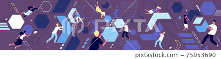 Coworking process. Working abstract puzzle, teamwork or collaboration problems. Flat geometric shapes, cartoon partnership utter vector banner Coworking process. Working abstract puzzle, teamwork or collaboration problems. Flat geometric shapes, cartoon partnership utter vector banner 75053690