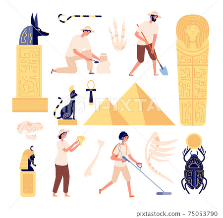 Archeology characters. Paleontologist discoveries skull, archeologists with instruments. Flat egyptian artefacts and fossil utter vector set Archeology characters. Paleontologist discoveries skull, archeologists with instruments. Flat egyptian artefacts and fossil utter vector set 75053790