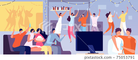Friends home party. Apartment evening, young teens night dance at flat. People talk, watch tv or playing video game utter vector illustration Friends home party. Apartment evening, young teens night dance at flat. People talk, watch tv or playing video game utter vector illustration 75053791