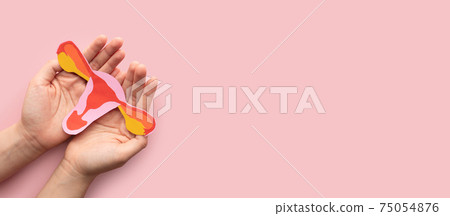 Female reproductive health concept. Woman hand holding uterus shape made frome paper on pink background. Awareness of uterus illness such as endometriosis, PCOS, STDs or gynecologic cancer. 75054876