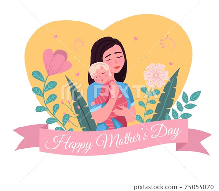 Happy mother day. Cartoon postcard. Loving mom holding child, woman hugs with baby, parent with newborn son or daughter, flowers decor. Vector greeting card isolated concept Happy mother day. Cartoon postcard. Loving mom holding child, woman hugs with baby, parent with newborn son or daughter, flowers decor. Vector greeting card isolated concept 75055070