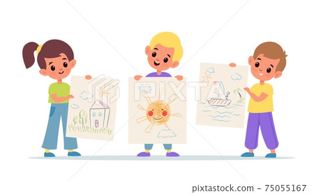 Kids show drawings. Children arts presentation, colourful doodles on paper sheets, girl and boys hold their painting works. School and kindergarten exhibition vector isolated concept 75055167