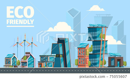 Eco city. Background with eco friendly constructions houses with smart sun panels energy windmills future concept garish vector illustrations flat 75055607