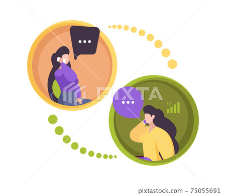 Phone dialogue. Two persons smartphone communication calling characters garish vector flat illustrations 75055691