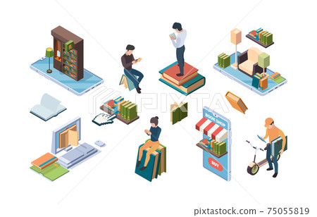 Online library. Isometric books people reading internet dictionary education concept icons garish vector illustrations Online library. Isometric books people reading internet dictionary education concept icons garish vector illustrations 75055819