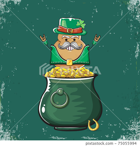 Happy Saint Patricks day greeting card with funky leprechaun potato character with green particks hat and Pot Full of Golden Coins on green background. Rock n roll patricks day funky character 75055994