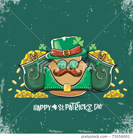 Happy Saint Patricks day greeting card with funky leprechaun potato character with green particks hat and Pot Full of Golden Coins on green background. Rock n roll patricks day funky character 75056001