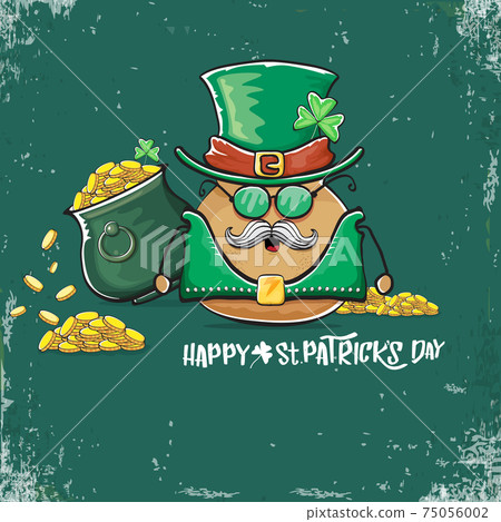 Happy Saint Patricks day greeting card with funky leprechaun potato character with green particks hat and Pot Full of Golden Coins on green background. Rock n roll patricks day funky character Happy Saint Patricks day greeting card with funky leprechaun potato character with green particks hat and Pot Full of Golden Coins on green background. Rock n roll patricks day funky character 75056002