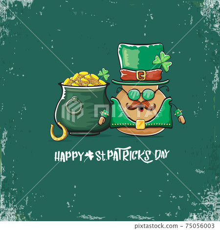 Happy Saint Patricks day greeting card with funky leprechaun potato character with green particks hat and Pot Full of Golden Coins on green background. Rock n roll patricks day funky character 75056003