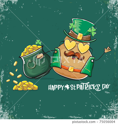 Happy Saint Patricks day greeting card with funky leprechaun potato character with green particks hat and Pot Full of Golden Coins on green background. Rock n roll patricks day funky character 75056004