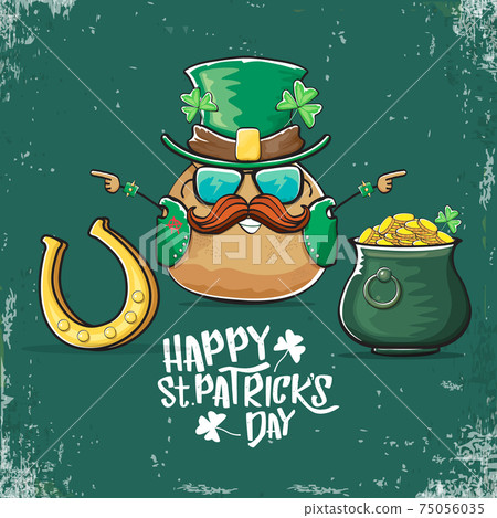 Happy Saint Patricks day greeting card with funky leprechaun potato character with green particks hat and Pot Full of Golden Coins on green background. Rock n roll patricks day funky character Happy Saint Patricks day greeting card with funky leprechaun potato character with green particks hat and Pot Full of Golden Coins on green background. Rock n roll patricks day funky character 75056035