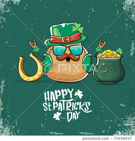 Happy Saint Patricks day greeting card with funky leprechaun potato character with green particks hat and Pot Full of Golden Coins on green background. Rock n roll patricks day funky character Happy Saint Patricks day greeting card with funky leprechaun potato character with green particks hat and Pot Full of Golden Coins on green background. Rock n roll patricks day funky character 75056037