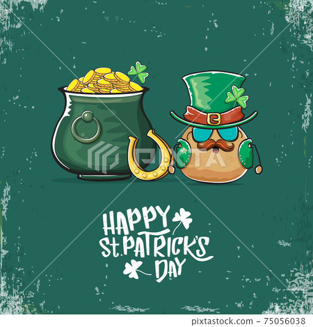 Happy Saint Patricks day greeting card with funky leprechaun potato character with green particks hat and Pot Full of Golden Coins on green background. Rock n roll patricks day funky character Happy Saint Patricks day greeting card with funky leprechaun potato character with green particks hat and Pot Full of Golden Coins on green background. Rock n roll patricks day funky character 75056038