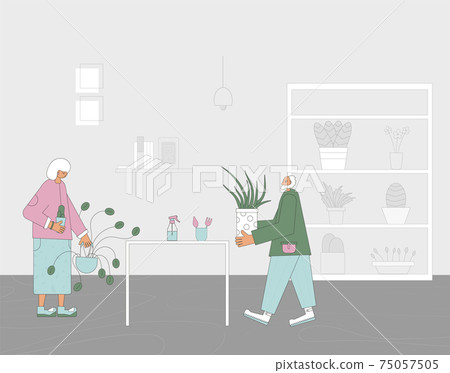 Plant lover. Man with indor flower pot. Vector 75057505