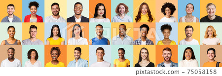 Collage Of People Portraits, Cheerful Millennials Posing Over Different Backgrounds 75058158
