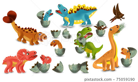 Two funny baby dinosaur characters - brontosaurus and pterodactyloidea,  cartoon vector illustration isolated on white background. Happy smiling  brontosaurus and pterodactyloidea dinosaur characters Stock Vector