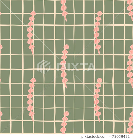 Creative seamless sea flora pattern with pink simple seaweed ornament. Grey chequered background. 75059451