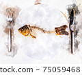 Complete bone of whole fish on plate, illustration 75059468