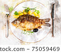 Fried fish on white plate with fork and knife 75059469