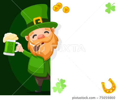 Patrick with a glass of green beer and a smoking pipe. Looks out from behind a white sheet. St Patricks day 75059860