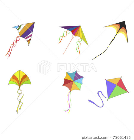 Flying kites with rope and colored pattern to playing kids Flying kites with rope and colored pattern to playing kids 75061455
