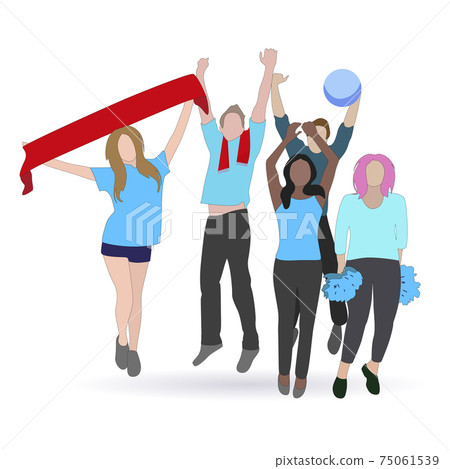 Soccer fans with scarf paraphernalia jump and enjoy Soccer fans with scarf paraphernalia jump and enjoy 75061539
