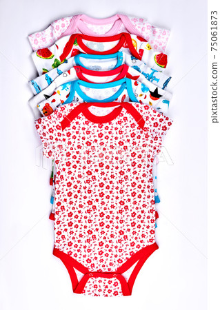 Set of baby bodysuits, top view. 75061873