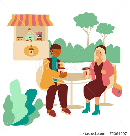 Interracial Young couple drink coffee in cafe in park Coffee kiosk Flat illustration Interracial Young couple drink coffee in cafe in park Coffee kiosk Flat illustration 75061907