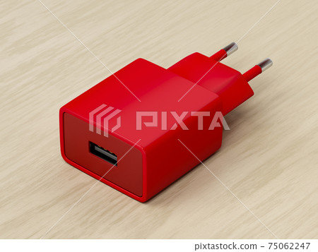 Red power adapter on wood background Red power adapter on wood background 75062247