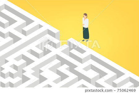 Illustration of a woman hesitating in front of the entrance to the maze, isometric 75062469