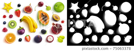 Mix of different fruits and berries, flat lay, top view 75063378
