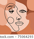 Line art, drawing of woman face and leaves. Abstract contemporary collage with geometric shapes , fashion concept, woman minimalist, vector illustration for t-shirt, slogan design print graphics style 75064293