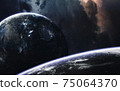 Endless universe, science fiction image, dark deep space with giant planets, hot stars, starfields. Incredibly beautiful cosmic landscape . Elements of this image furnished by NASA 75064370