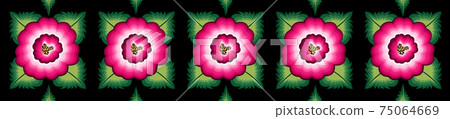 Mexican floral embroidery border seamless pattern, colorful frame native flowers folk fashion design. Embroidered Traditional Textile Style of Mexico, vector isolated on black background 75064669