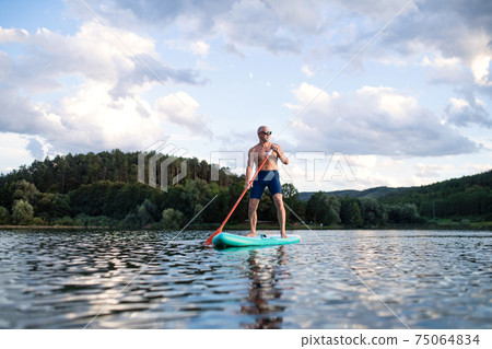 Senior man paddleboarding on lake in summer. Copy space. Senior man paddleboarding on lake in summer. Copy space. 75064834