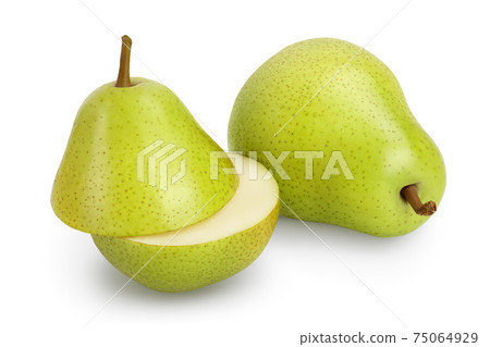Green pear fruit with half isolated on white background with clipping path and full depth of field 75064929