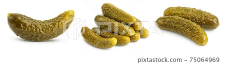 Marinated pickled cucumber isolated on white background with full depth of field. Set or collection Marinated pickled cucumber isolated on white background with full depth of field. Set or collection 75064969