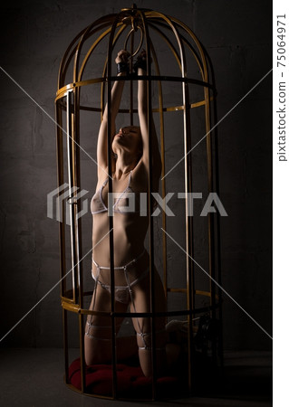 Seductive young woman in white bdsm transparent lingerie in cage with hand cuff 75064971