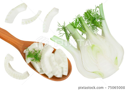 fresh fennel bulb slices in wooden spoon isolated on white background. Top view. Flat lay 75065008