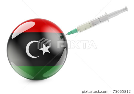 Syringe with Libyan flag. Vaccination in Libya concept, 3D rendering Syringe with Libyan flag. Vaccination in Libya concept, 3D rendering 75065812