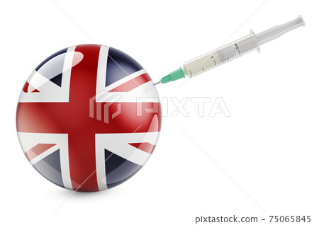 Syringe with British flag. Vaccination in the United Kingdom concept, 3D rendering 75065845