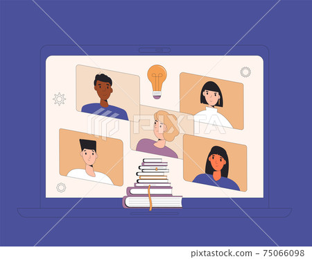 Online education. Digital learning. People talking about literature on computer screen. Group of students. Internet webinar or online video training. Vector color line art illustration. Online education. Digital learning. People talking about literature on computer screen. Group of students. Internet webinar or online video training. Vector color line art illustration. 75066098