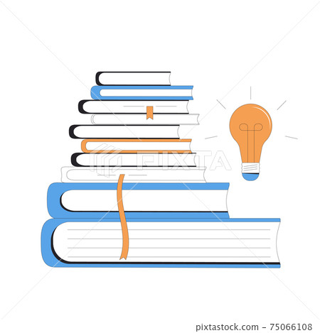 Books with bulb. Knowledge, education, learning, idea symbol. Study, research. Vector color line art flat illustration. 75066108