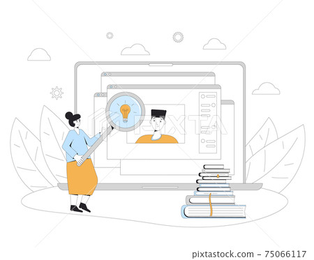 Tutor. Online personal education. Digital learning. Female teacher and teenager student in virtual classroom have a lesson. Video course. Vector line art illustration. 75066117
